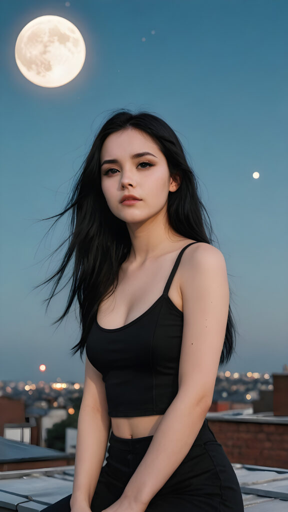 pale gothic girl, sad expression, black dressed in a cropped tank top, long straight black hair, on the roof with the moon in the background