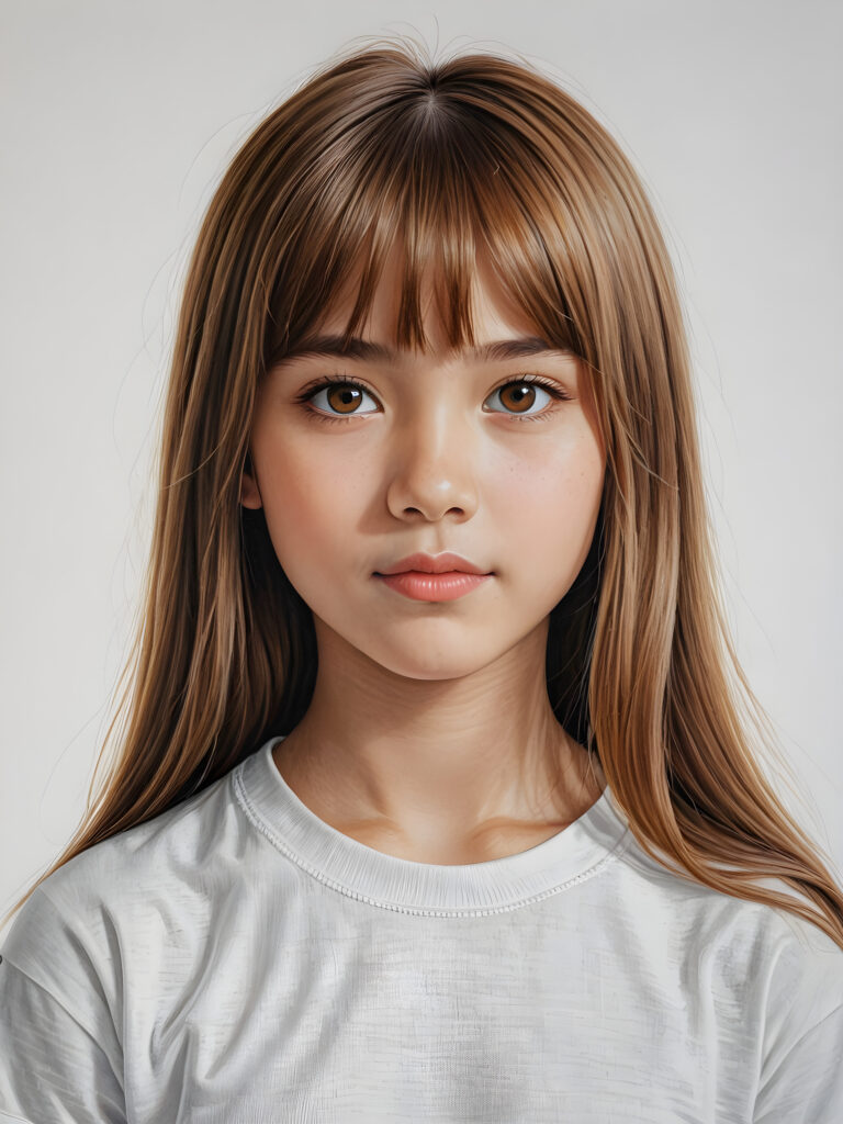 ((pencil drawing)) ((portrait)) of (((cute))) (((elegant))) ((attractive)) (((long, straight hazelnut hair))) ((stunning)) a beautifully realistic, cinematic lights, ((Burmese teen girl)), 11 years old, bangs cut, realistic detailed angelic round face, ((realistic detailed hazelnut eye)) looks sadly at the camera, portrait shot, perfect curved body, (wears a super short tight (white t-shirt) made on thin silk), perfect anatomy, white background, side perspective, ((no background))