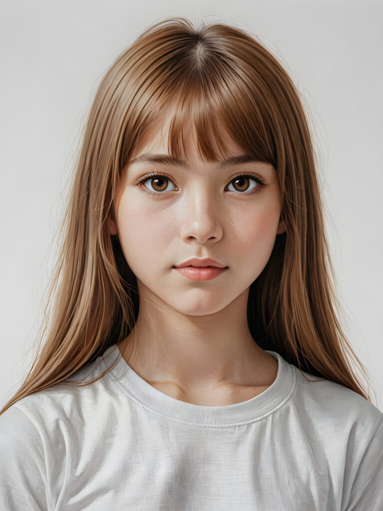 ((pencil drawing)) ((portrait)) of (((cute))) (((elegant))) ((attractive)) (((long, straight hazelnut hair))) ((stunning)) a beautifully realistic, cinematic lights, ((Burmese teen girl)), 11 years old, bangs cut, realistic detailed angelic round face, ((realistic detailed hazelnut eye)) looks sadly at the camera, portrait shot, perfect curved body, (wears a super short tight (white t-shirt) made on thin silk), perfect anatomy, white background, side perspective, ((no background))