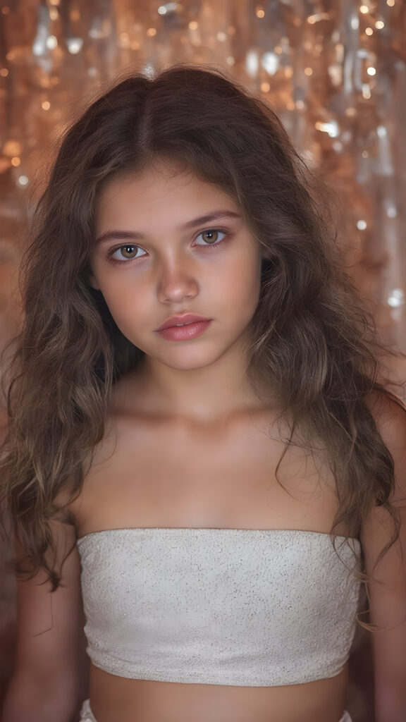 perfect and detailed portrait form a stunning young well busty teen girl, 16 years old, she wears glossy pearl-white leggings and a crop top adorned with sequin patterns, long wavy curly brown hair, captured with soft golden lighting effects.