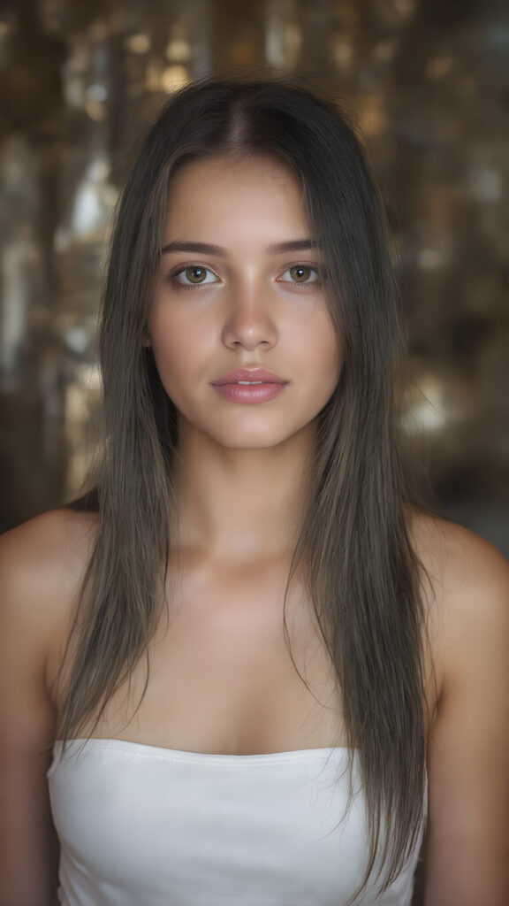 perfect and detailed portrait form a stunning and gorgeous young party teen girl, 16 years old, she wears glossy pearl-white cropped tank top, long straight jet brown hair, captured with soft golden lighting effects, full upper body portrait shot