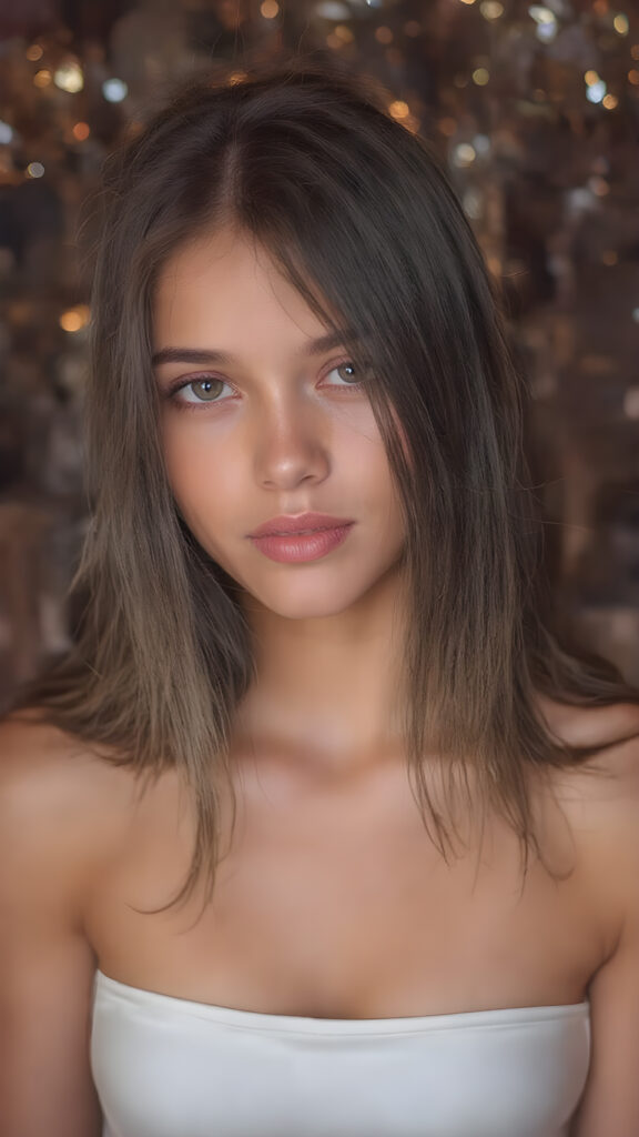 perfect and detailed portrait form a stunning and gorgeous young party teen girl, 16 years old, she wears glossy pearl-white cropped tank top, long straight jet brown hair, captured with soft golden lighting effects, full upper body portrait shot