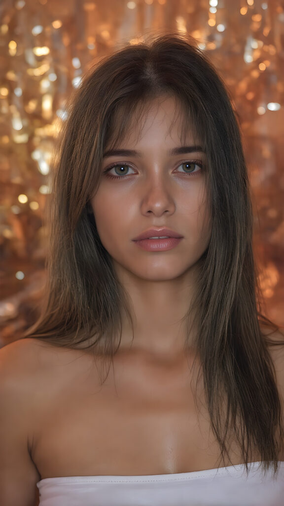 perfect and detailed portrait form a stunning and gorgeous young (in cyberpunk style) teen girl, 16 years old, she wears glossy pearl-white cropped tank top, long straight jet brown hair, captured with soft golden lighting effects.