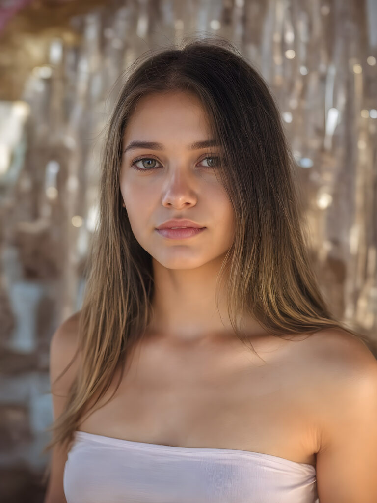 perfect and detailed portrait form a stunning and gorgeous young party teen girl, 16 years old, she wears glossy pearl-white cropped tank top, long straight jet brown hair, captured with soft golden lighting effects, full upper body portrait shot