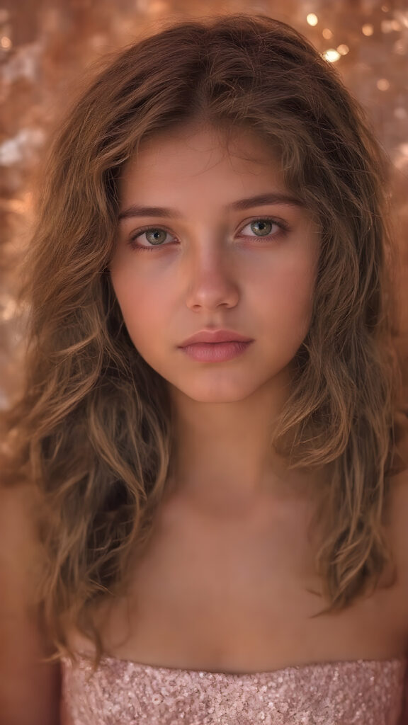 perfect and detailed portrait form a stunning young well busty teen girl, 16 years old, she wears glossy pearl-white leggings and a crop top adorned with sequin patterns, long wavy curly brown hair, captured with soft golden lighting effects.