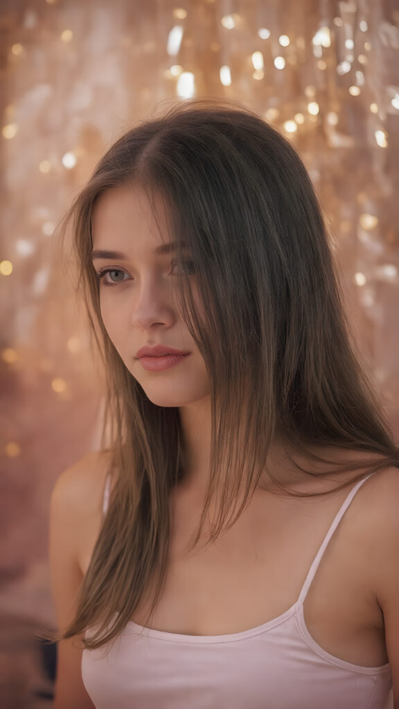 perfect and detailed portrait form a stunning and gorgeous young (in cyberpunk style) teen girl, 16 years old, she wears glossy pearl-white cropped tank top, long straight jet brown hair, captured with soft golden lighting effects.