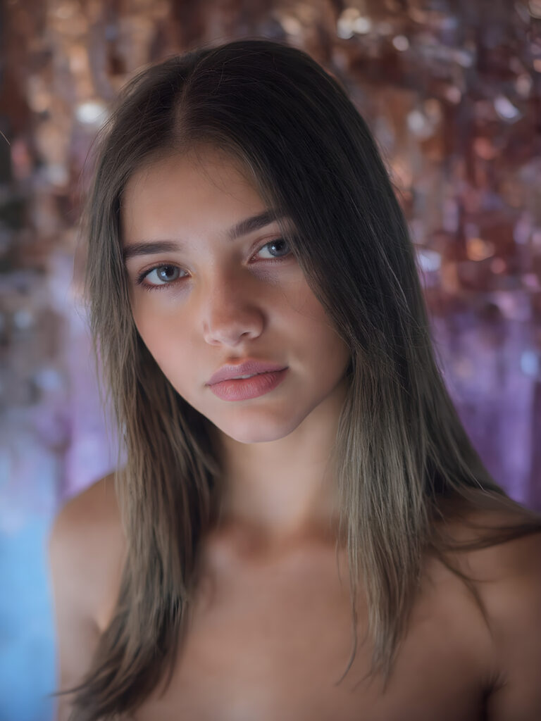 perfect and detailed portrait form a stunning and gorgeous young party teen girl, 16 years old, she wears glossy pearl-white cropped tank top, long straight jet brown hair, captured with soft golden lighting effects, full upper body portrait shot