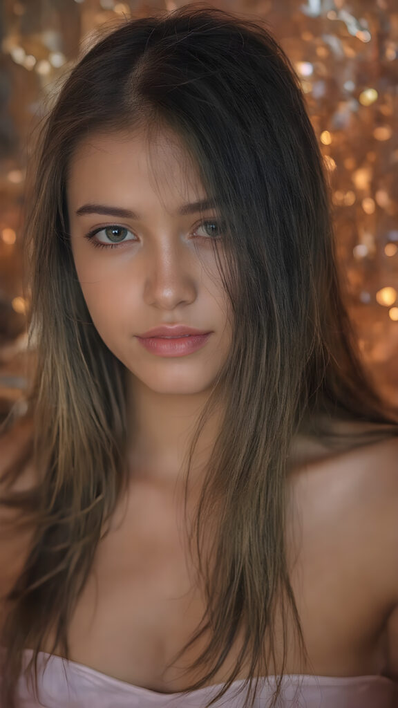 perfect and detailed portrait form a stunning and gorgeous young party teen girl, 16 years old, she wears glossy pearl-white cropped tank top, long straight jet brown hair, captured with soft golden lighting effects, full upper body portrait shot