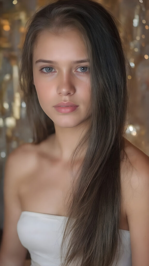 perfect and detailed portrait form a stunning and gorgeous young party teen girl, 16 years old, she wears glossy pearl-white cropped tank top, long straight jet brown hair, captured with soft golden lighting effects, full upper body portrait shot