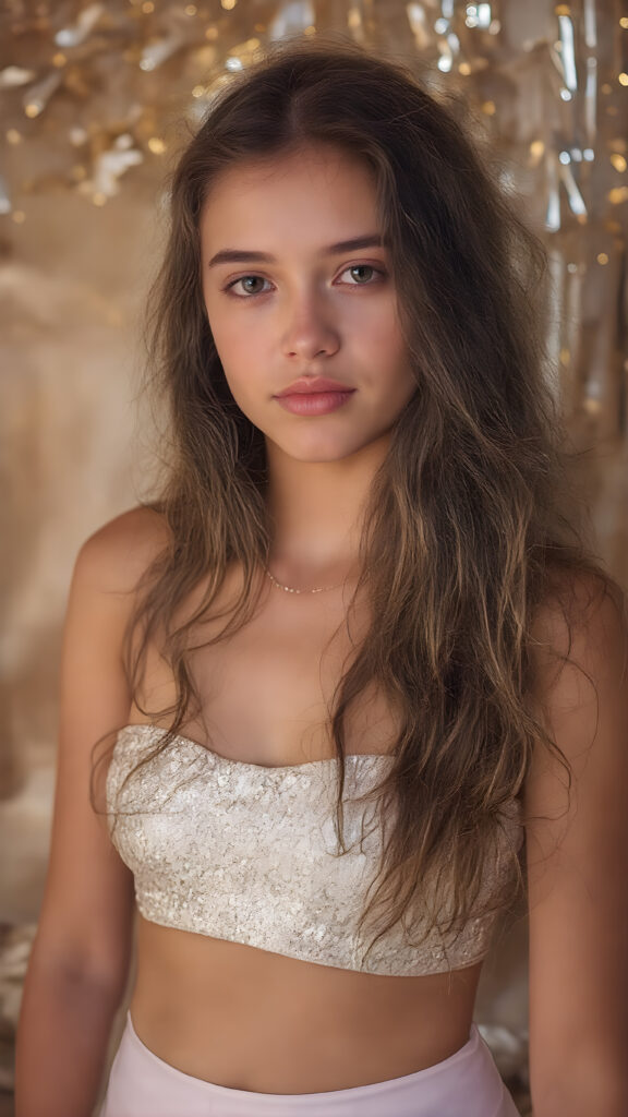 perfect and detailed portrait form a stunning young well busty teen girl, 16 years old, she wears glossy pearl-white leggings and a crop top adorned with sequin patterns, long wavy curly brown hair, captured with soft golden lighting effects.