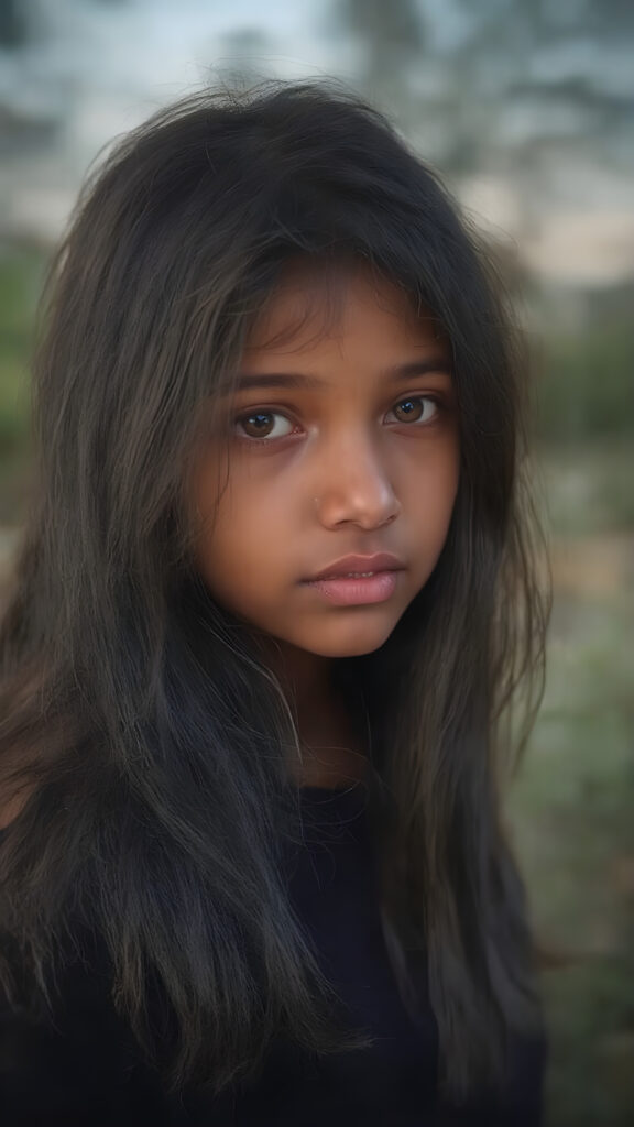 perfect detailed and realistic portrait photo from a ((cute brown-skinned teen girl)) medium silhouette shot, her hair it’s obsidian-black and with long straight haircut, she has amber eyes and are orbit round, she has pouting full lips, she has a soft outlook, she has a fit and perfect curved figure, in a natural way, mood scenery background