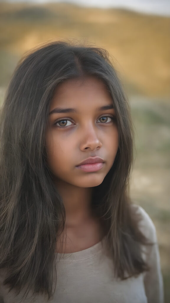 perfect detailed and realistic portrait photo from a ((cute brown-skinned teen girl)) medium silhouette shot, her hair it’s obsidian-black and with long straight haircut, she has amber eyes and are orbit round, she has pouting full lips, she has a soft outlook, she has a fit and perfect curved figure, in a natural way, mood scenery background