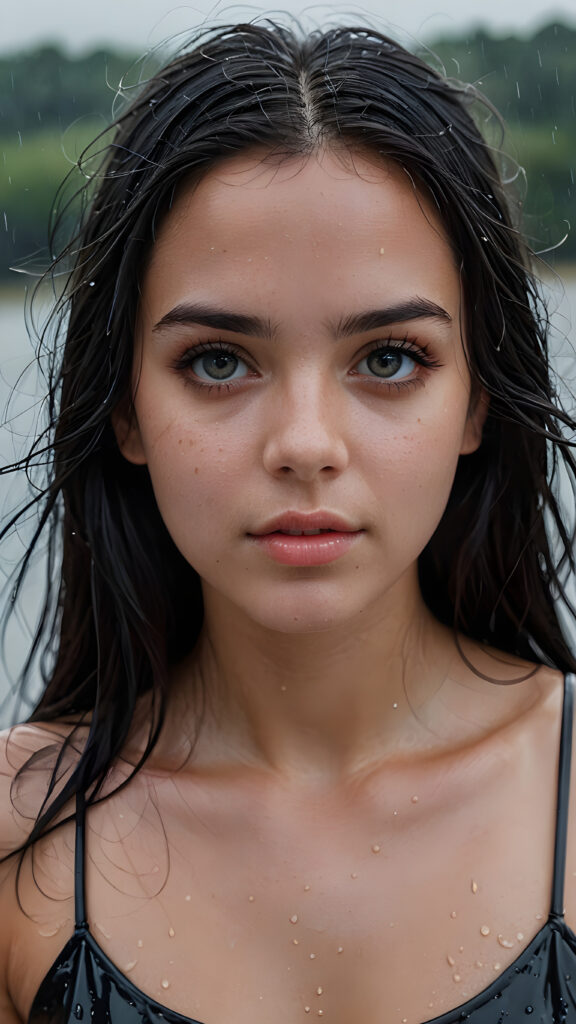 perfect detailed portrait, (((identical matching eyes))), young adult female girl, (wet skin), ((long, straight black hair)), ((dark, gloomy weather)), ((photo realism))