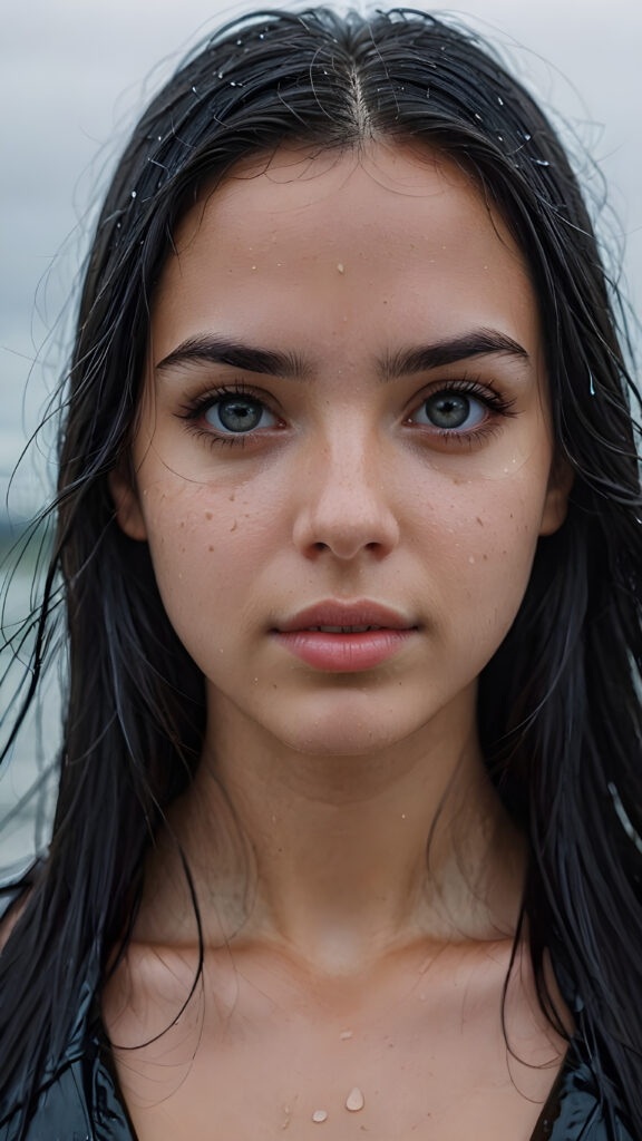 perfect detailed portrait, (((identical matching eyes))), young adult female girl, (wet skin), ((long, straight black hair)), ((dark, gloomy weather)), ((photo realism))