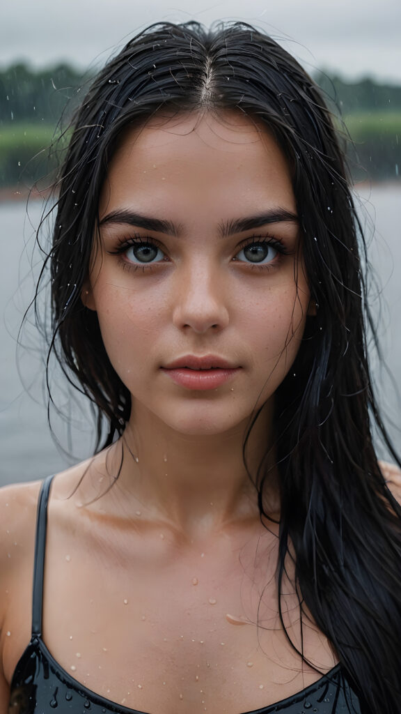 perfect detailed portrait, (((identical matching eyes))), young adult female girl, (wet skin), ((long, straight black hair)), ((dark, gloomy weather)), ((photo realism))