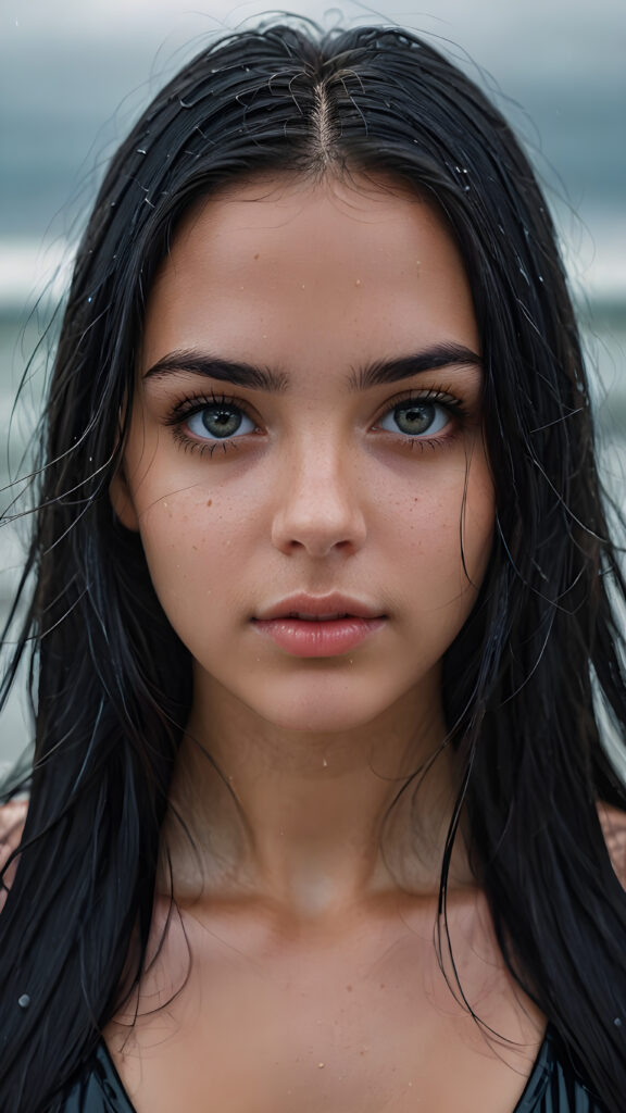 perfect detailed portrait, (((identical matching eyes))), young adult female girl, (wet skin), ((long, straight black hair)), ((dark, gloomy weather)), ((photo realism))