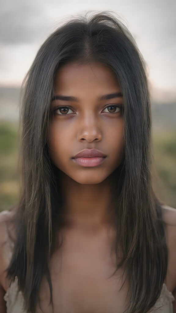 perfect detailed and realistic portrait photo from a ((cute brown-skinned teen girl)) medium silhouette shot, her hair it’s obsidian-black and with long straight haircut, she has amber eyes and are orbit round, she has pouting full lips, she has a soft outlook, she has a fit and perfect curved figure, in a natural way, mood scenery background