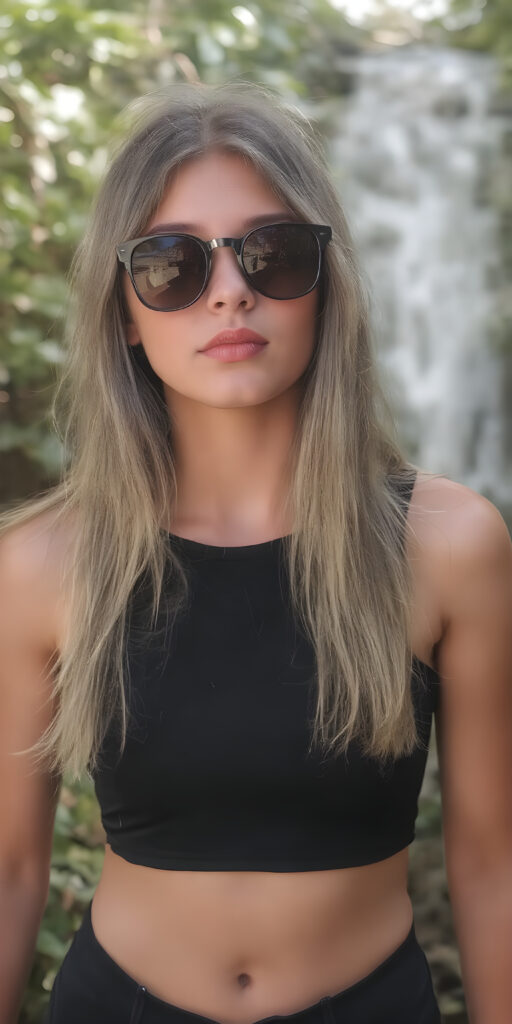 perfect front photo from a cute young natural teenage girl with long straight ash grey soft hair wears sunglasses. She has full, red lips and wears a ((black, tight cropped sport top which perfectly emphasizes her perfect body, deep v-neck)), super short pants, accentuating her ((navel)) and (soft, youthful thighs)