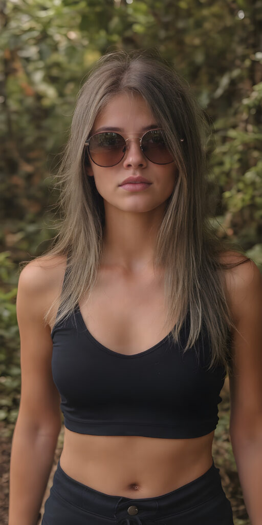 perfect front photo from a cute young natural teenage girl with long straight ash grey soft hair wears sunglasses. She has full, red lips and wears a ((black, tight cropped sport top which perfectly emphasizes her perfect body, deep v-neck)), super short pants, accentuating her ((navel)) and (soft, youthful thighs)