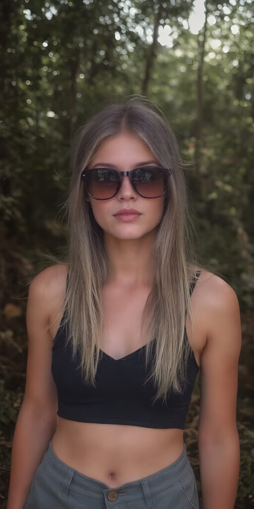 perfect front photo from a cute young natural teenage girl with long straight ash grey soft hair wears sunglasses. She has full, red lips and wears a ((black, tight cropped sport top which perfectly emphasizes her perfect body, deep v-neck)), super short pants, accentuating her ((navel)) and (soft, youthful thighs)