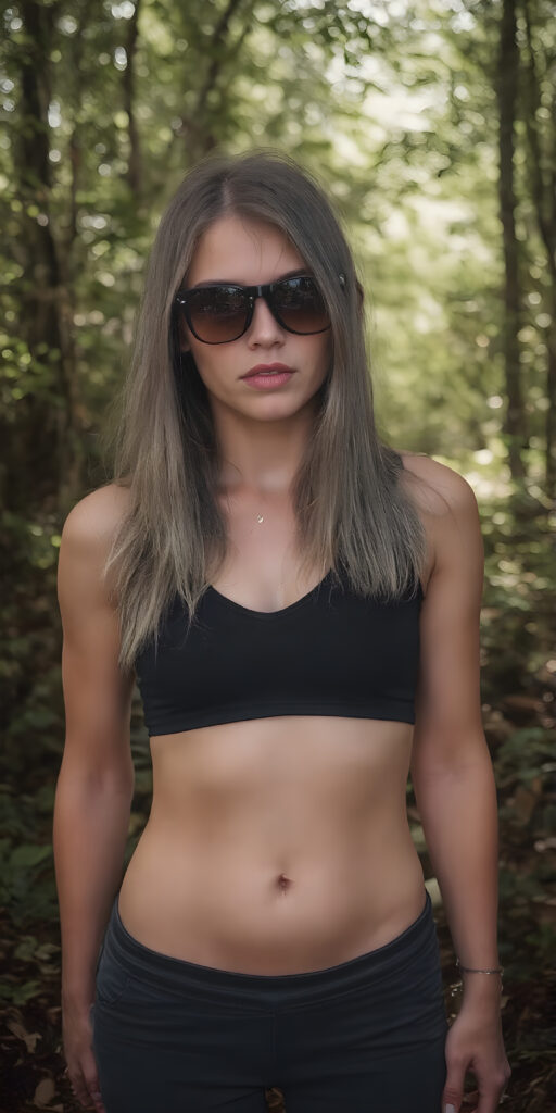 perfect front photo from a cute young natural teenage girl with long straight ash grey soft hair wears sunglasses. She has full, red lips and wears a ((black, tight cropped sport top which perfectly emphasizes her perfect body, deep v-neck)), super short pants, accentuating her ((navel)) and (soft, youthful thighs)