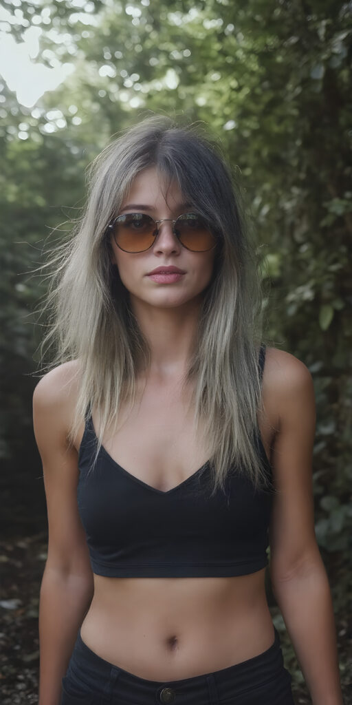 perfect front photo from a cute young natural teenage girl with long straight ash grey soft hair wears sunglasses. She has full, red lips and wears a ((black, tight cropped sport top which perfectly emphasizes her perfect body, deep v-neck)), super short pants, accentuating her ((navel)) and (soft, youthful thighs)