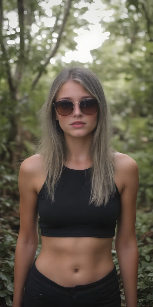 perfect front photo from a cute young natural teenage girl with long straight ash grey soft hair wears sunglasses. She has full, red lips and wears a ((black, tight cropped sport top which perfectly emphasizes her perfect body, deep v-neck)), super short pants, accentuating her ((navel)) and (soft, youthful thighs)