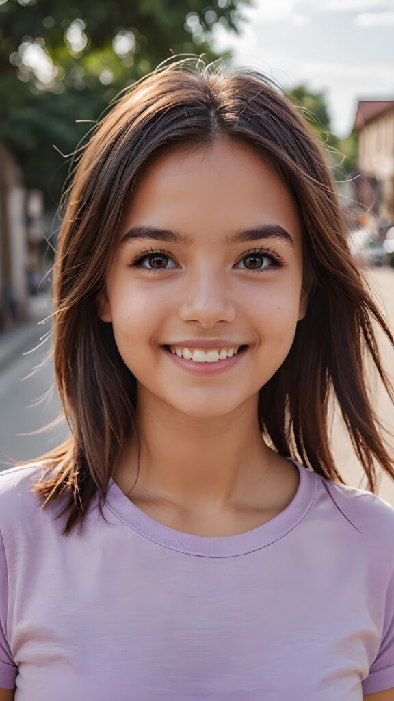 perfect portrait, very cute young girl, ((light violet plain t-shirt)), smile, detailed straight hair, brown eyes