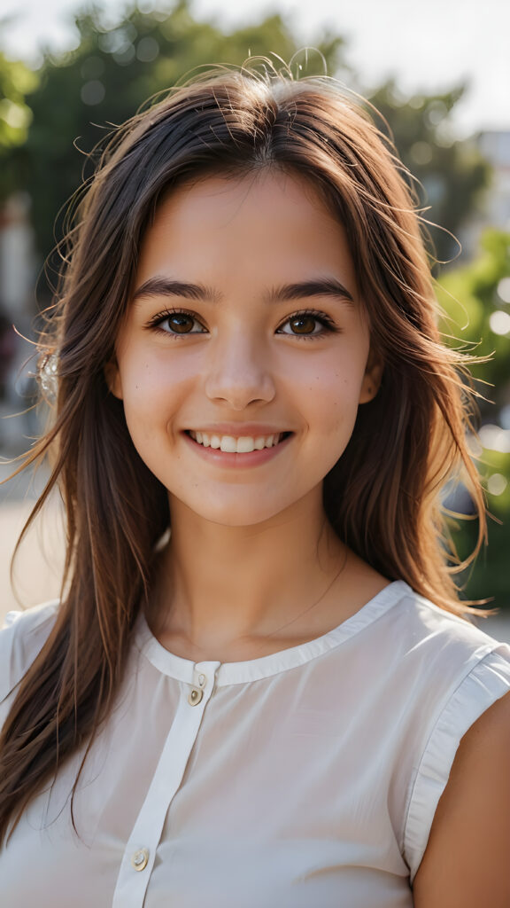 perfect portrait, very cute young girl, white shirt, smile, detailed straight hair, brown eyes