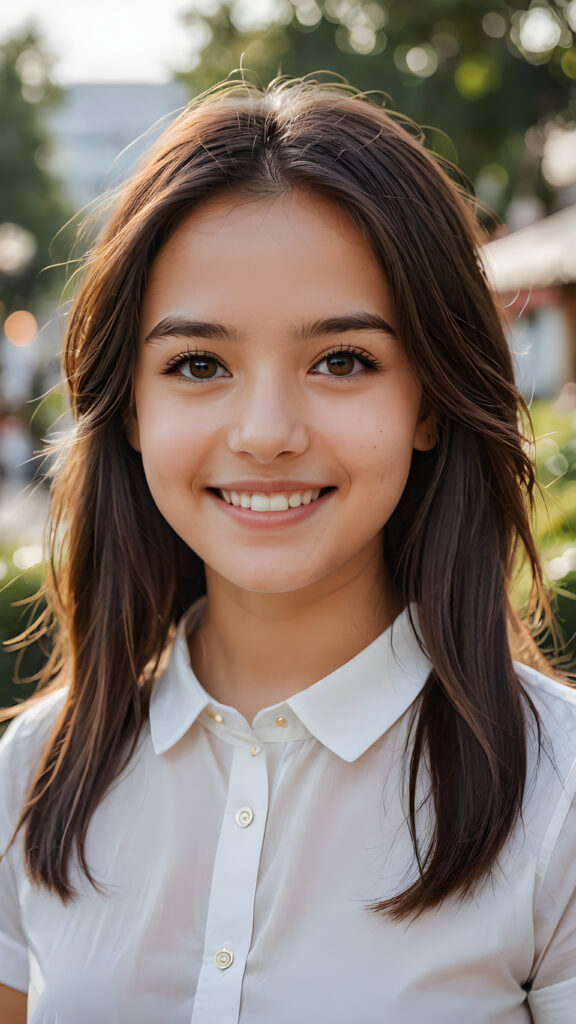 perfect portrait, very cute young girl, white shirt, smile, detailed straight hair, brown eyes