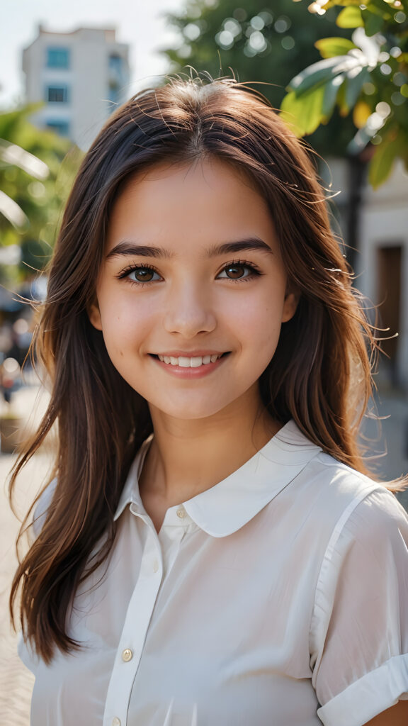 perfect portrait, very cute young girl, white shirt, smile, detailed straight hair, brown eyes