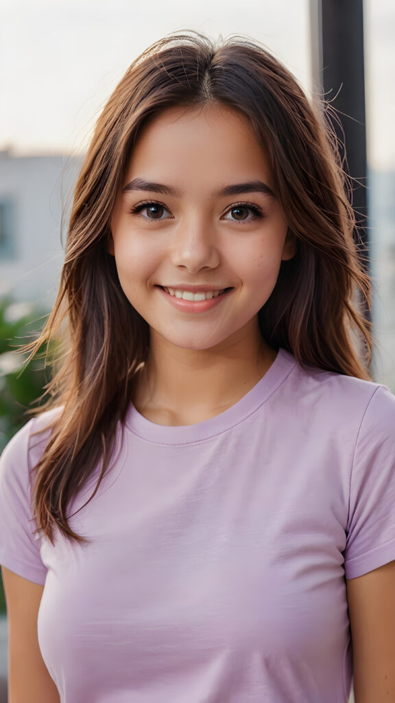 perfect portrait, very cute young girl, ((light violet plain t-shirt)), smile, detailed straight hair, brown eyes