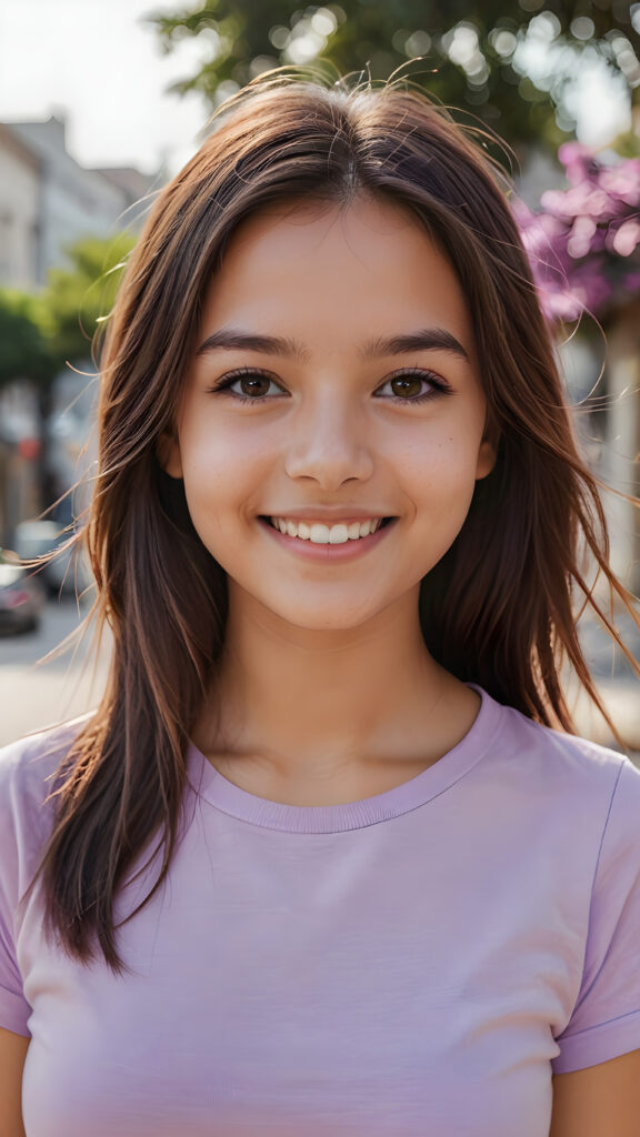 perfect portrait, very cute young girl, ((light violet plain t-shirt)), smile, detailed straight hair, brown eyes