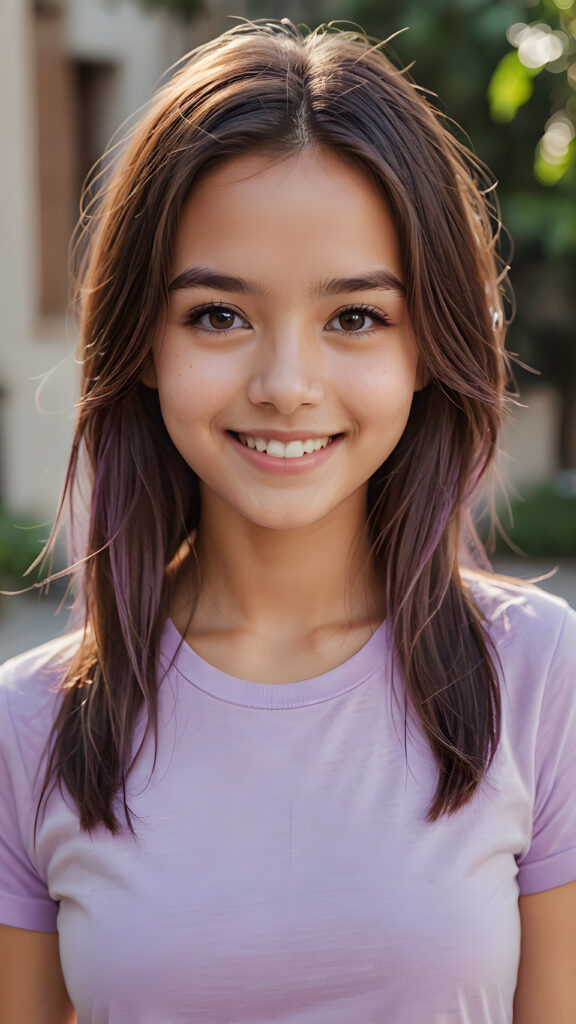 perfect portrait, very cute young girl, ((light violet plain t-shirt)), smile, detailed straight hair, brown eyes