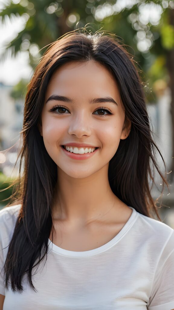 perfect realistic portrait, very cute young girl, white t-shirt, smile, detailed black straight hair, brown eyes, full kissable lips, white teeth, perfect body