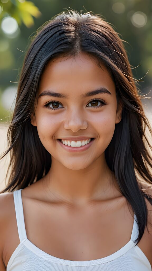 perfect realistic portrait, very cute young tanned Indigenous girl, white cropped plain top, smile, detailed black straight hair, brown eyes, full kissable lips, white teeth, perfect body