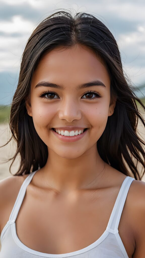 perfect realistic portrait, very cute young tanned Indigenous girl, white cropped plain top, smile, detailed black straight hair, brown eyes, full kissable lips, white teeth, perfect body