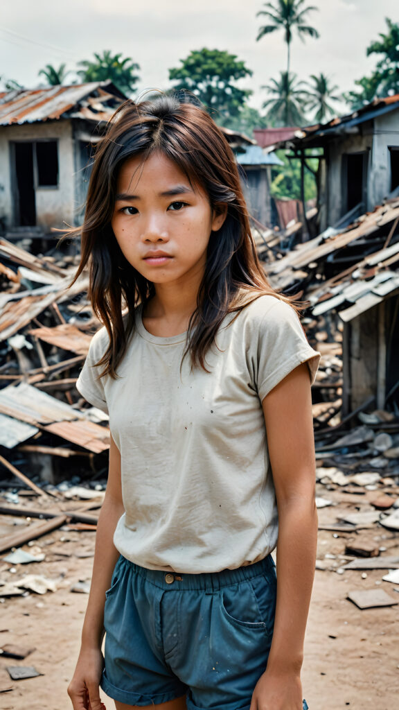 ((photo from the 1960s)) a young abandoned, sad, lonely, poor Vietnamese girl looks sadly, she has disheveled long brown messy hair. She is hopeless. She is poor, thin dressed in a t-shirt and short pants and stands alone in front of the viewer. She cries. She has a dirty face. She is skinny. There are (destroyed and burning houses) in the background, ((realistic, detailed photo))