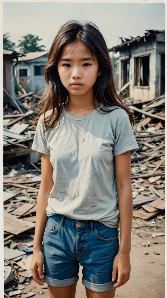 ((photo from the 1960s)) a young abandoned, sad, lonely, poor Vietnamese girl looks sadly, she has disheveled long brown messy hair. She is hopeless. She is poor, thin dressed in a t-shirt and short pants and stands alone in front of the viewer. She cries. She has a dirty face. She is skinny. There are (destroyed and burning houses) in the background, ((realistic, detailed photo))