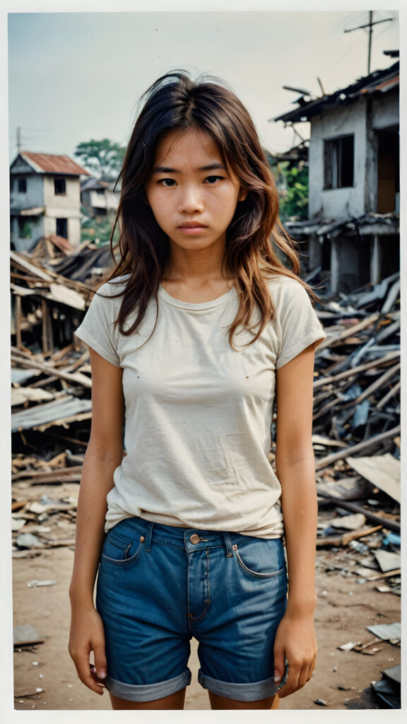 ((photo from the 1960s)) a young abandoned, sad, lonely, poor Vietnamese girl looks sadly, she has disheveled long brown messy hair. She is hopeless. She is poor, thin dressed in a t-shirt and short pants and stands alone in front of the viewer. She cries. She has a dirty face. She is skinny. There are (destroyed and burning houses) in the background, ((realistic, detailed photo))