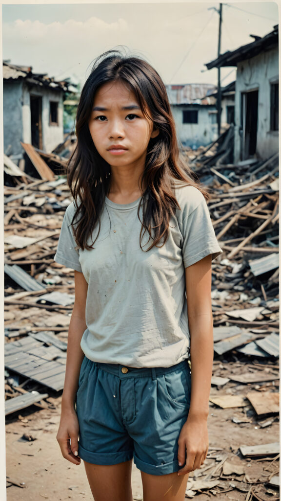 ((photo from the 1960s)) a young abandoned, sad, lonely, poor Vietnamese girl looks sadly, she has disheveled long brown messy hair. She is hopeless. She is poor, thin dressed in a t-shirt and short pants and stands alone in front of the viewer. She cries. She has a dirty face. She is skinny. There are (destroyed and burning houses) in the background, ((realistic, detailed photo))