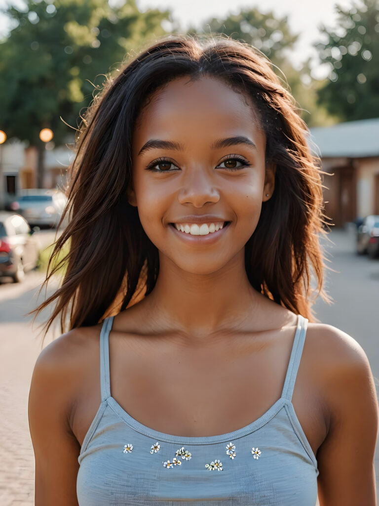 ((portrait)) ((stunning)) detailed, a beautiful young happy melanin girl, jet long straight hair, wears a short tank top