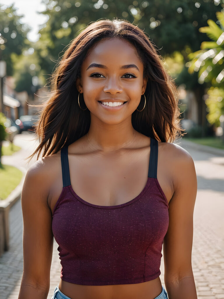 ((portrait)) ((stunning)) detailed, a beautiful young happy melanin girl, jet long straight hair, wears a short tank top