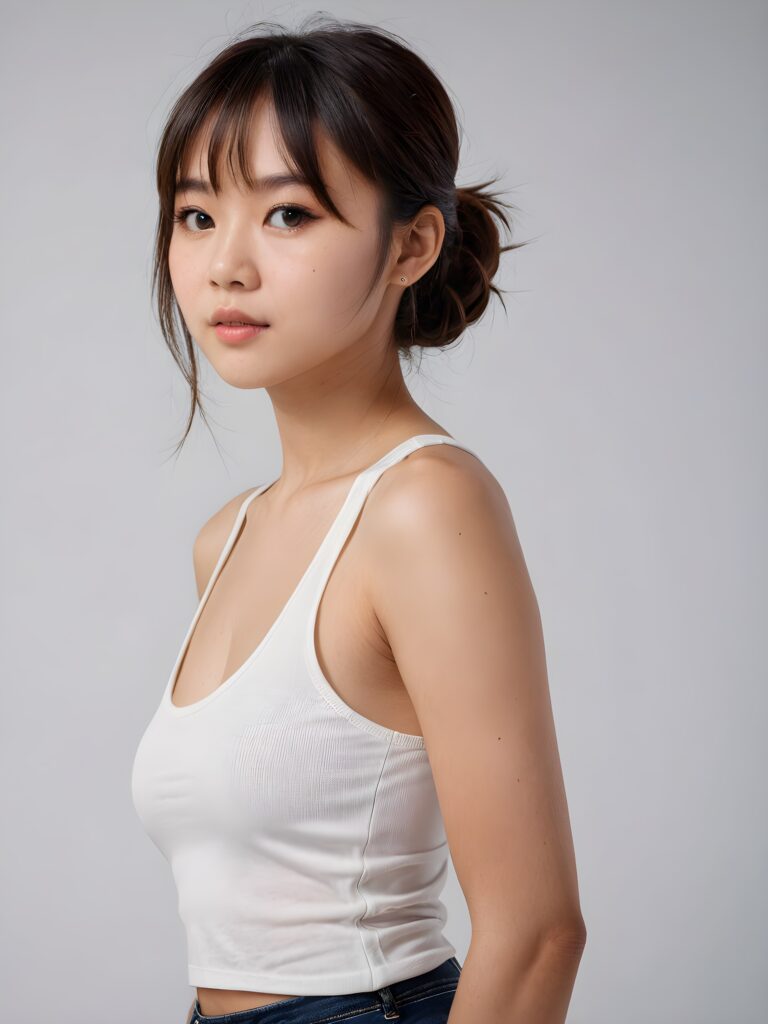 ((portrait)) Asian teen girl, bangs cut, straight hair, realistic detailed angelic round face, portrait shot, perfect curved body, ((low cut tight (tank top))), perfect anatomy, white background, side perspective, ((no background))