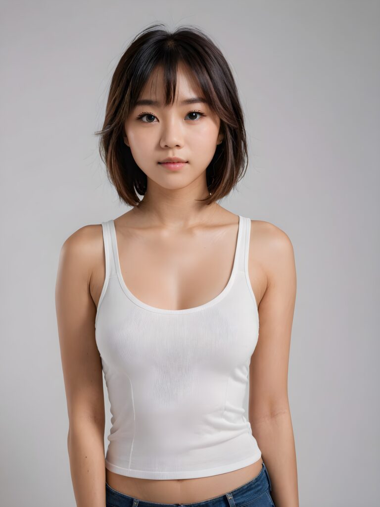 ((portrait)) Asian teen girl, bangs cut, straight hair, realistic detailed angelic round face, portrait shot, perfect curved body, ((low cut tight (tank top))), perfect anatomy, white background, side perspective, ((no background))