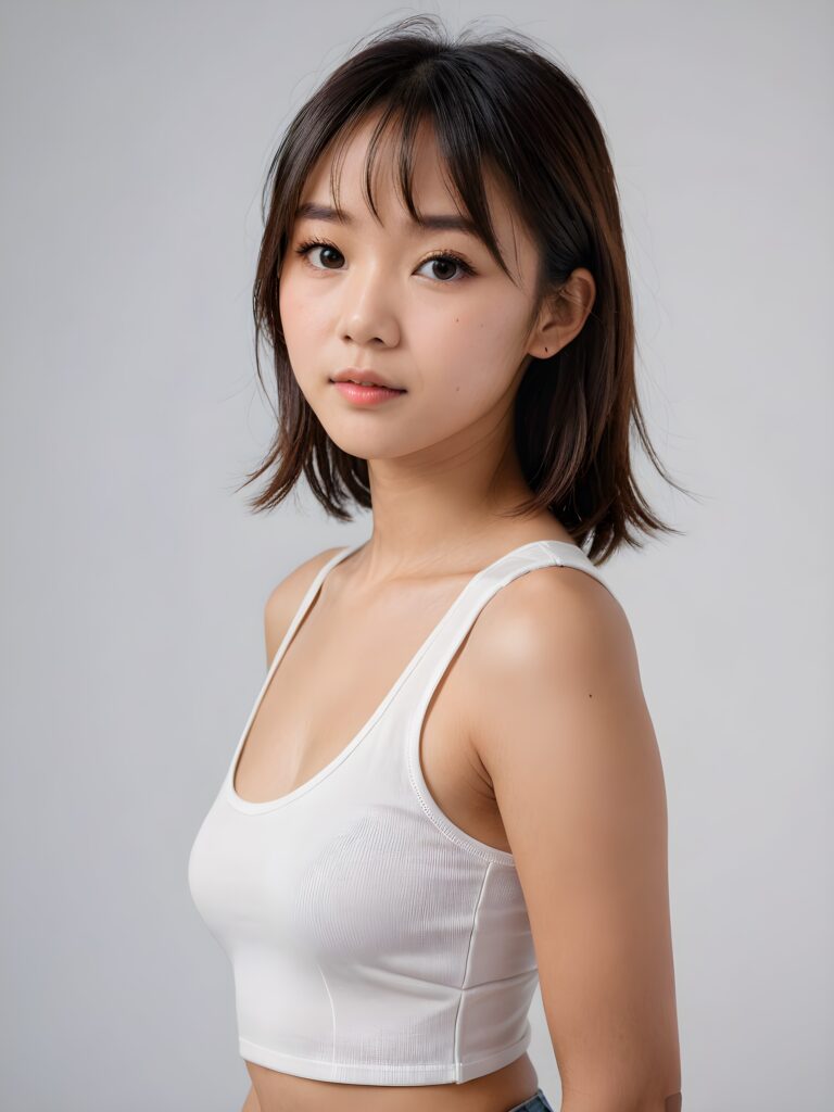 ((portrait)) Asian teen girl, bangs cut, straight hair, realistic detailed angelic round face, portrait shot, perfect curved body, ((low cut tight (tank top))), perfect anatomy, white background, side perspective, ((no background))