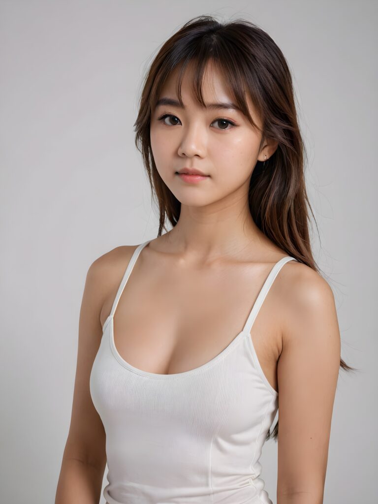 ((portrait)) Asian teen girl, bangs cut, straight soft long brown hair, realistic detailed angelic round face, portrait shot, perfect curved body, ((low cut tight (tank top))), perfect anatomy, white background, side perspective, ((no background))