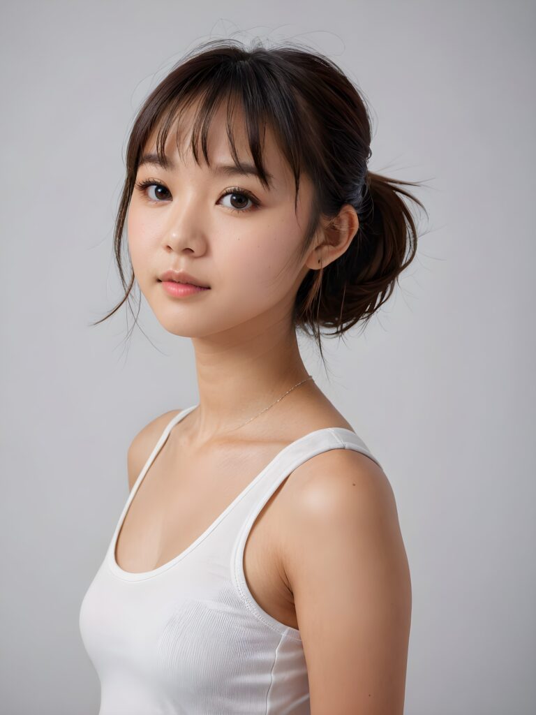 ((portrait)) Asian teen girl, bangs cut, straight hair, realistic detailed angelic round face, portrait shot, perfect curved body, ((low cut tight (tank top))), perfect anatomy, white background, side perspective, ((no background))