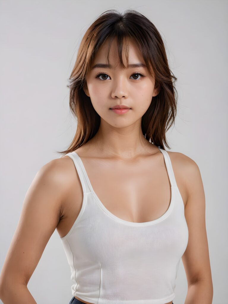 ((portrait)) Asian teen girl, bangs cut, straight soft long brown hair, realistic detailed angelic round face, portrait shot, perfect curved body, ((low cut tight (tank top))), perfect anatomy, white background, side perspective, ((no background))