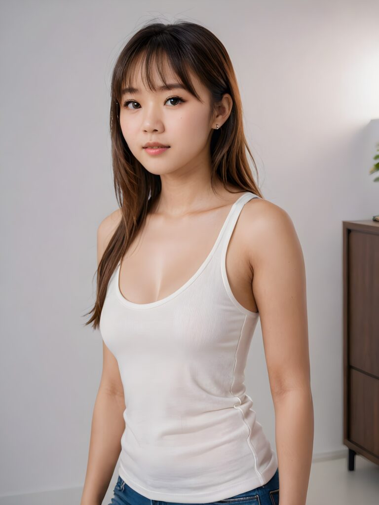 ((portrait)) Asian teen girl, bangs cut, straight soft long brown hair, realistic detailed angelic round face, portrait shot, perfect curved body, ((low cut tight (tank top))), perfect anatomy, white background, side perspective, ((no background))